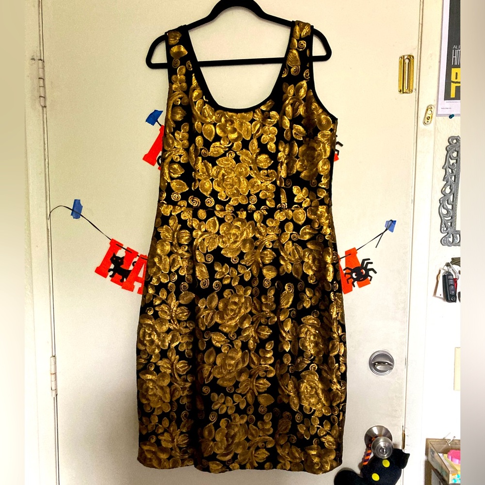 Tatyana Gold and Black Sequin and Soft Velvet MIDI Dress